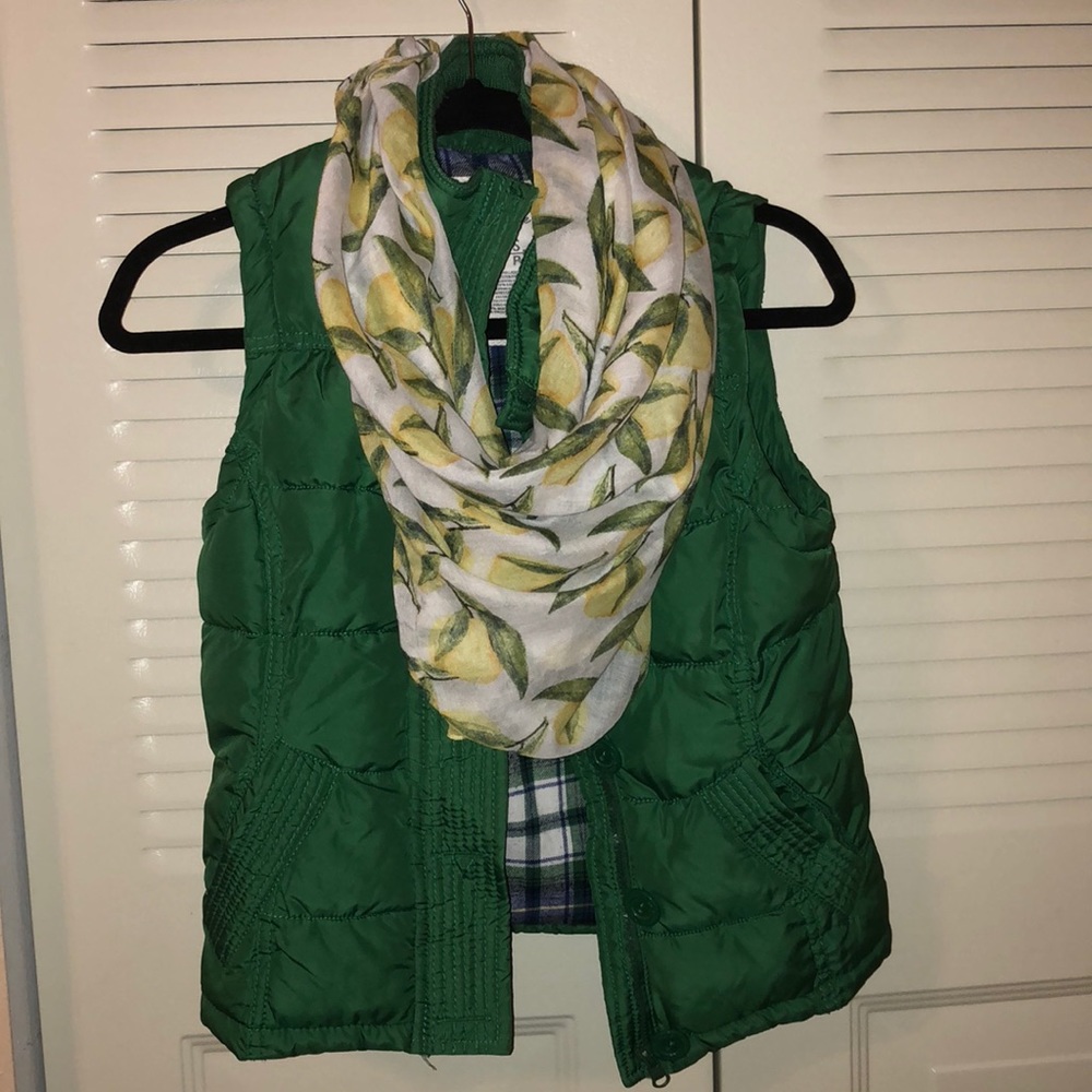 Winter or spring Green Vest and lemon citrus scarf